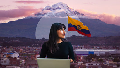 Ecuador background, woman looking on the side whilst working on a laptop