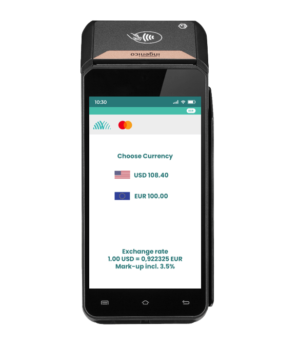 Terminal de paiement affichant les options de conversion dynamique des devises, permettant au client de payer soit 108,40 USD, soit 100,00 EUR.