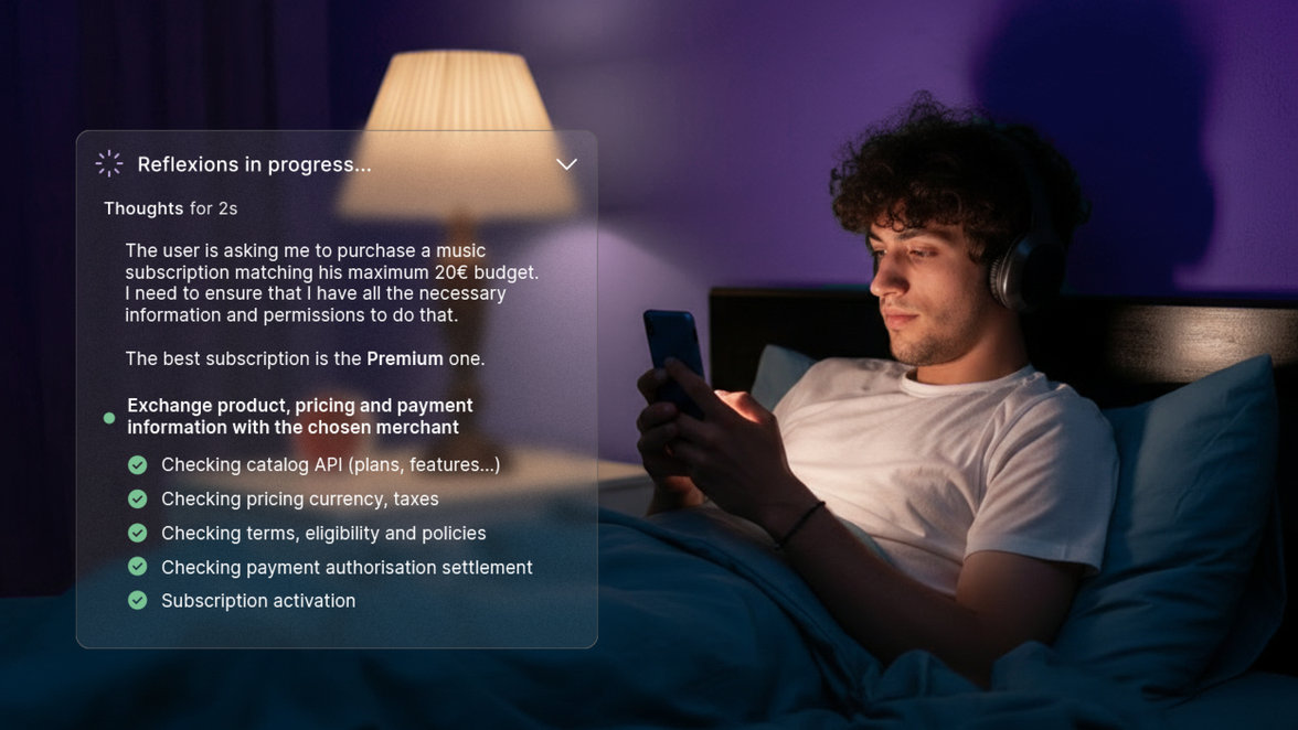 Man in bed holding a phone using agentic commerce