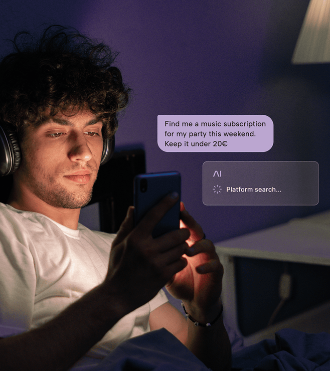 Person with headphones asking agentic commerce to research music subscription for upcoming scheduled party