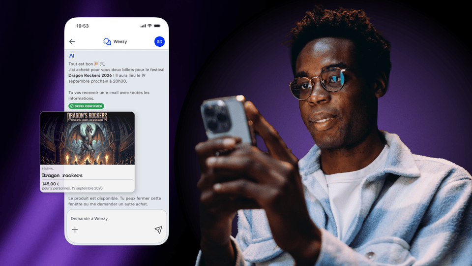 Person purchasing concert tickets automatically using agentic commerce through Credit Agricole and Mastercard