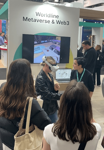 Crowed watching a woman using a VR headset