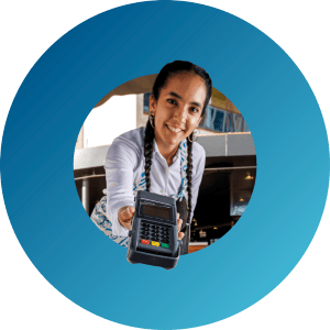 Woman holding a payment terminal