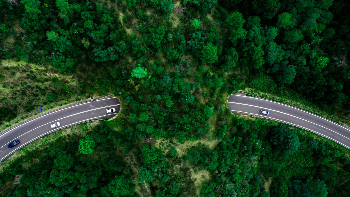 Aerial view of green bridge corridor for wildlife to cross highway safely