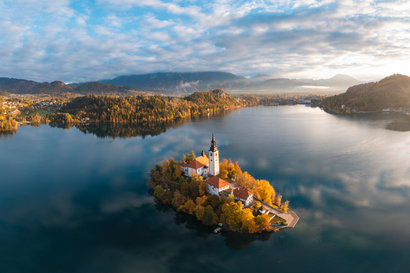 Aerial view of lake Bled church, Slovenia