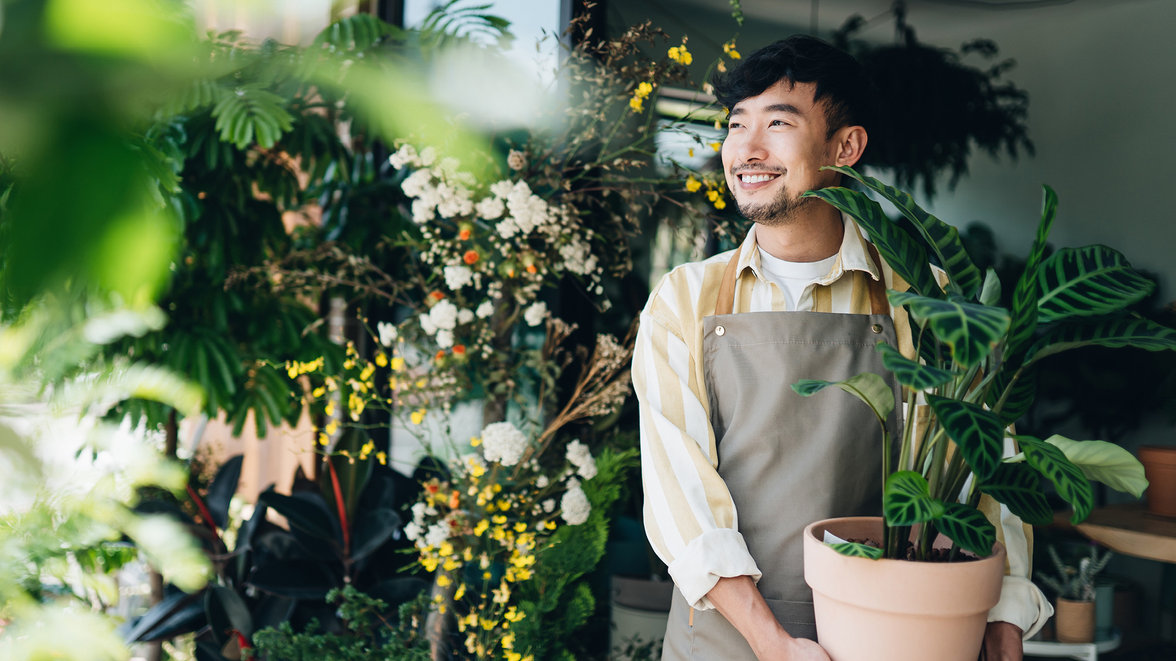 img full confident young asian male florist owner of small business flower shop holding potted plant outside his workplace he is looking away with smile