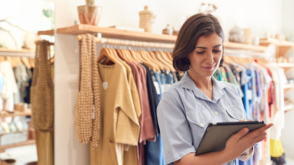 A female clothing store employee looking over her tablet.