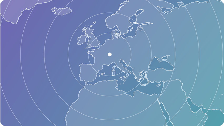 Map of Europe showing a central location and coverage radius