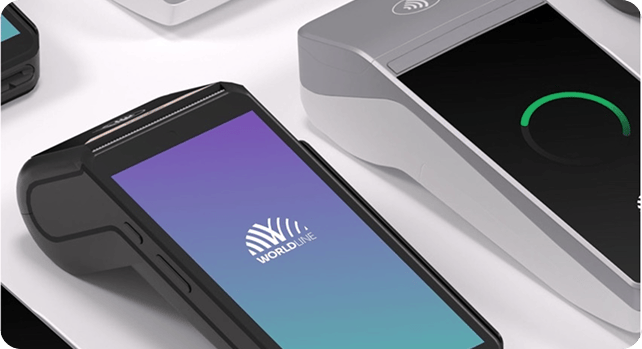 Payment terminals with the Worldline logo displayed on the screen