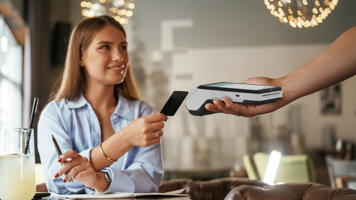 Woman pays in shop