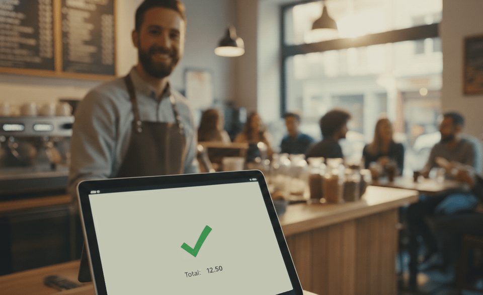 Barista using a POS system in his café