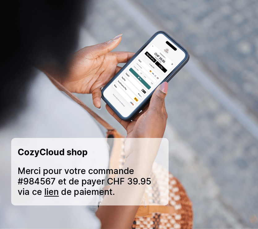 Écran de smartphone affichant un exemple de paiement Pay by Link